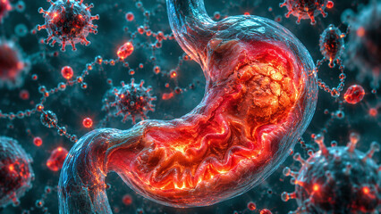 Fototapeta premium Microscopic 3D rendering of inflamed human stomach showing gastritis