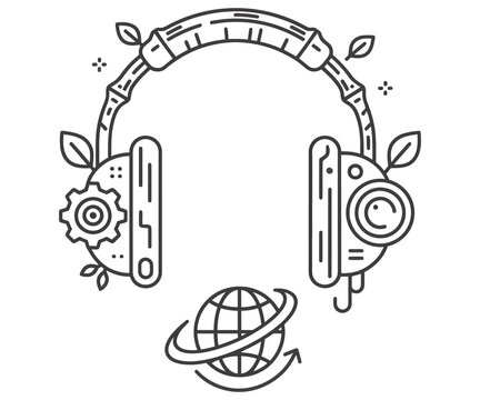 Minimalist line art headphones with globe and leaves, eco-friendly audio technology concept, sustainable music and global podcasting icon