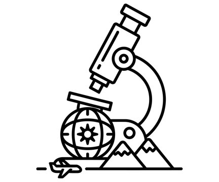 Scientific microscope line icon, laboratory research equipment with globe and mountains, global science and exploration symbol