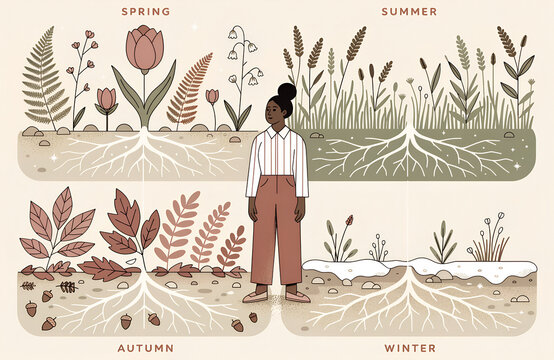 Illustrated depiction of four seasons with plants changing across spring summer autumn and winter surrounding person symbolizing anxiety therapy mindfulness and grounding generated ai