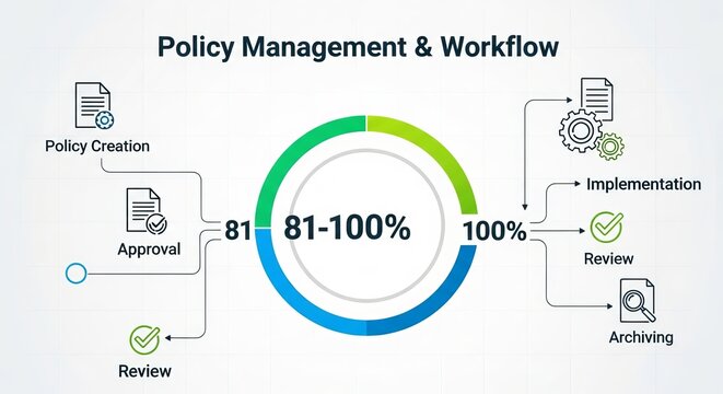 Policy management and workflow diagram showing corporate process stages with colorful circular chart visualization on a clean white grid background