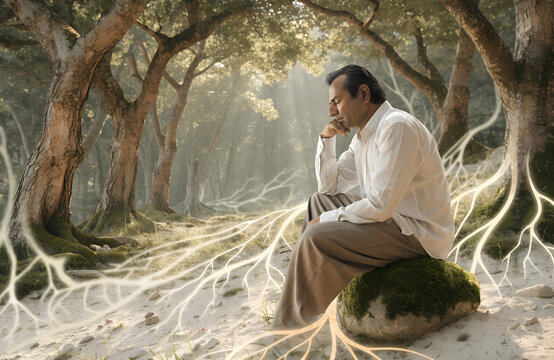 Stylized illustration of person sitting on moss covered rock in forest with glowing roots symbolizing anxiety therapy mindfulness relaxation and nature connection    generated ai