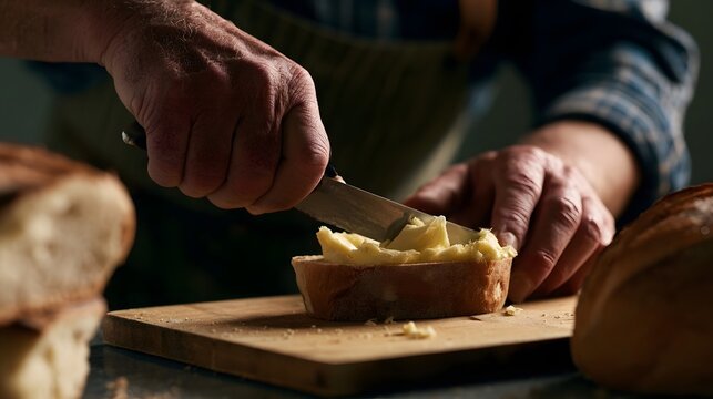 A person spreads butter on a slice of rustic bread using a knife on a wooden cutting board