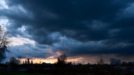 Fototapeta premium Dramatic storm clouds gather over a cityscape at twilight with silhouetted trees and distant buildings under moody skies