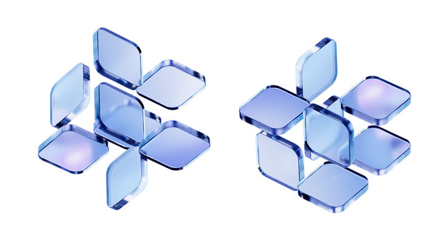 Isometric transparent glass block panel 3d rendering components on white background for modular software UI kit, web application mockup, and SaaS infographic.