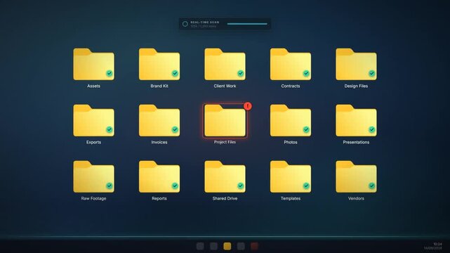 Antivirus scan on desktop detects a threat and quarantines the infected folder with a lock icon