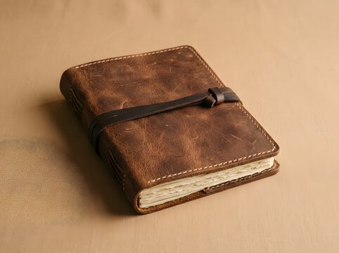 Vintage handmade brown leather journal notebook on neutral background