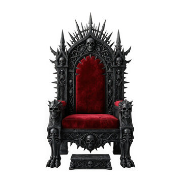 Gothic throne made of skulls and bones with red velvet upholstery isolated on transparent background
