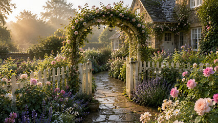 Fototapeta premium English cottage garden, overflowing flower beds with roses