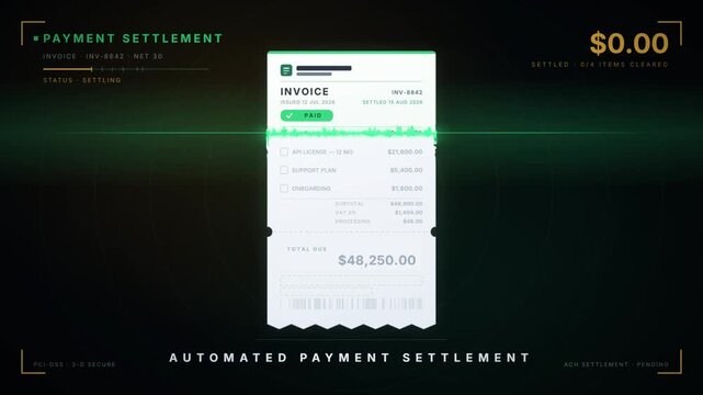 Automated payment settlement of an overdue invoice with amount counting up to a paid stamp
