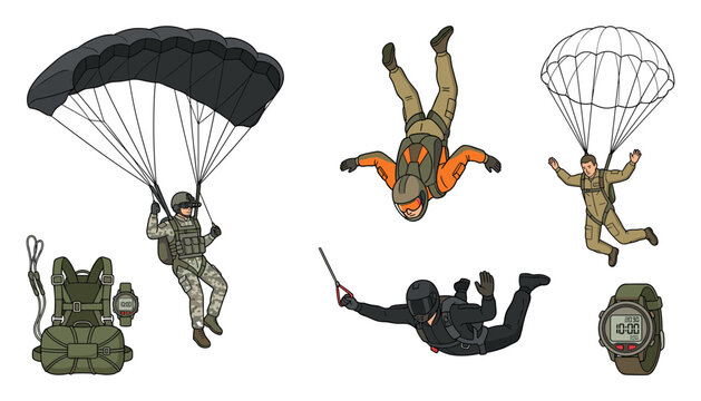 Military Paratrooper and Skydiving Vector Set with Soldiers Parachuting, Free Falling, Tactical Gear Backpacks, and Altimeter Watches for Extreme Sports and Airborne Operations