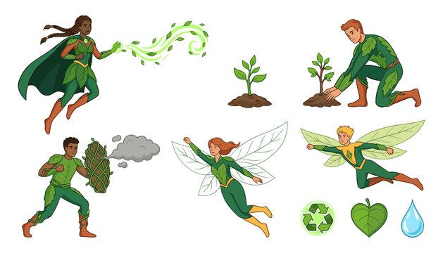 Green Eco Superhero Character Set with Environmental Elves and Fairies Flying, Planting Trees, Protecting Nature, and Defending Earth for Sustainability Concept Illustrations