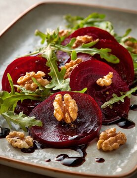 Fresh beetroot and arugula salad with walnuts and balsamic glaze