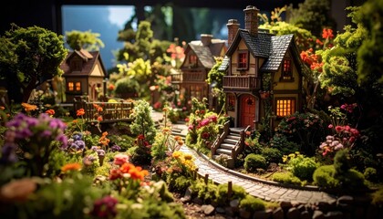 Fototapeta premium Miniature fairy village with stone cottages and lush greenery.
