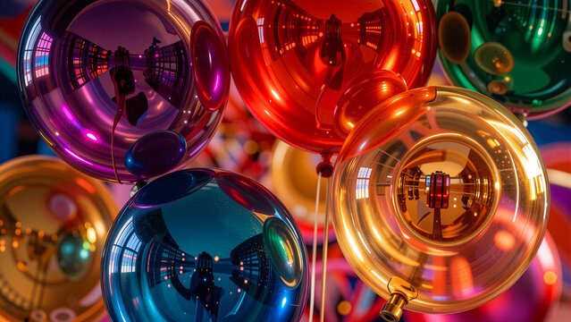 Shiny metallic balloons reflect a vibrant, abstract, and festive scene.