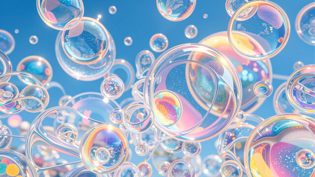 Iridescent soap bubbles float against a clear blue sky.