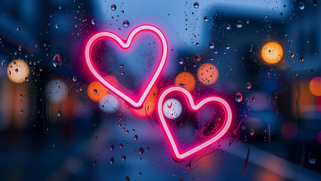 Neon hearts on a rainy window at night.