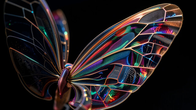 Close-up of a futuristic butterfly with iridescent, glowing wings