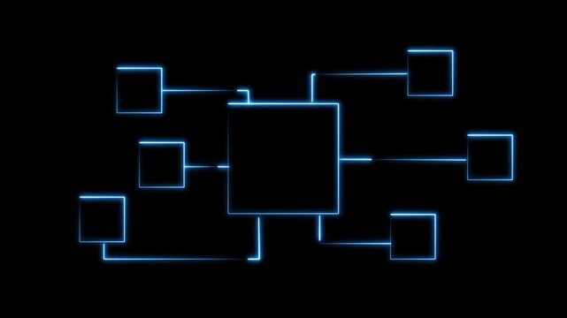 Blue glowing squares linked by lines on a black background, showing a digital network, data flow, or blockchain concept in a clean modern style.
