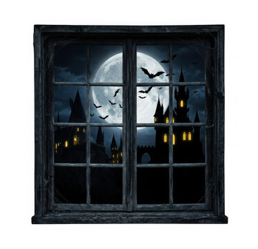 Old wooden window frame looking out at a spooky haunted castle under a full moon, isolated on transparent background