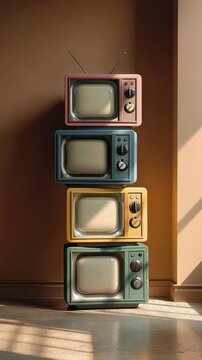 Retro vintage televisions stacked together in a cozy room corner
