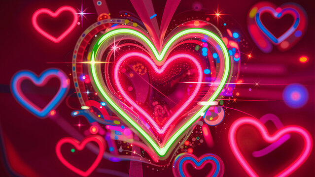 Neon hearts glowing with vibrant colors on a dark background