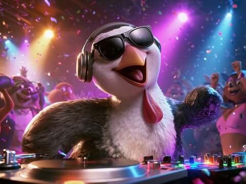 Funny Cartoon Turkey DJ Hosting a Colorful Thanksgiving Party with Animal Friends