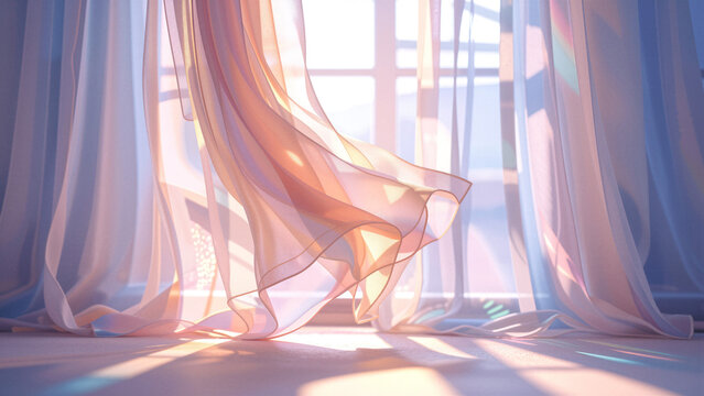 Soft sheer curtains gently blowing in the breeze by a sunlit window