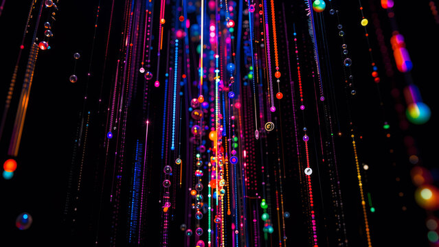 Abstract glowing particles and spheres falling in the dark