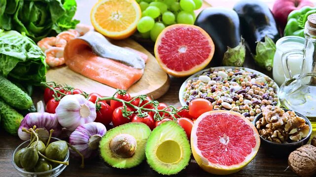 Food products representing the Mediterranean diet