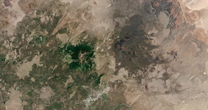Panoramic shot on dry desert area in Arizona. Camera is zooming out, rotating counterclockwise. Animation based on image by NASA