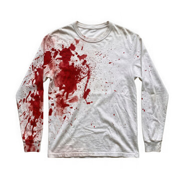 White long sleeve tshirt with realistic red blood splatter effect isolated on transparent background