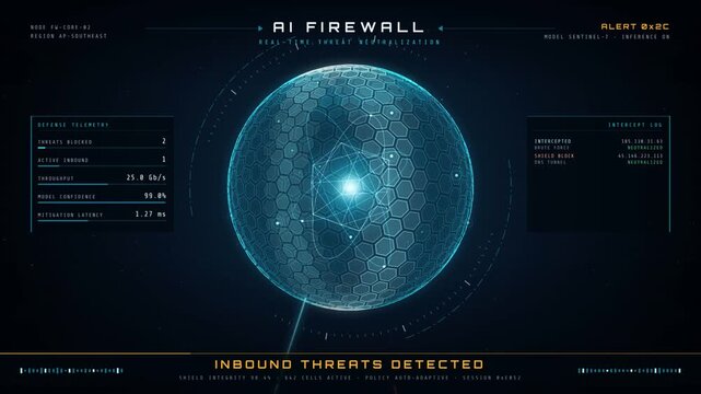 AI firewall shield sphere blocking incoming cyber threats until all attacks are neutralized