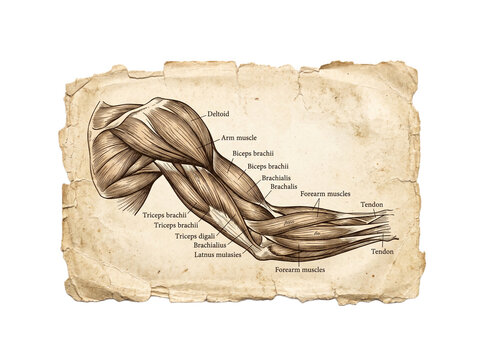 Human arm muscle anatomy illustration showing biceps triceps deltoid and tendons labeled on vintage parchment paper background for medical education scientific study retro biology art concept