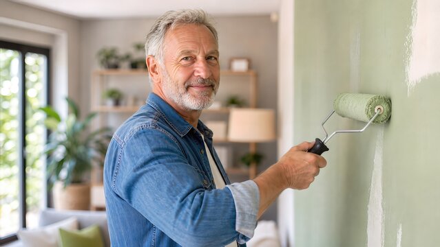 Mature man painting a green wall with a roller brush during home renovation, modern living room with plants and furniture visible in the background