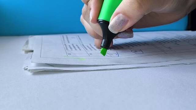 Woman checking documents and marking application forms, university admission, successful application and enrollment concept.