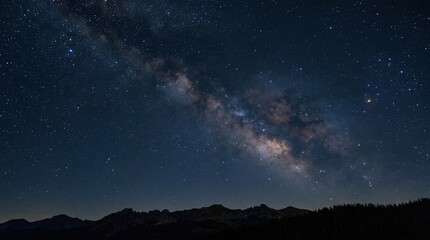 Fototapeta premium Clear Night Sky with Bright Milky Way Galaxy Over Mountain Silhouette