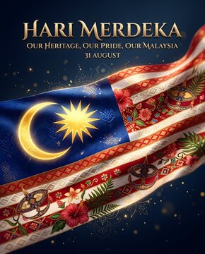 Hari merdeka malaysia independence day poster with traditional batik patterns with Malaysian flag