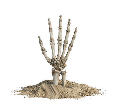 A skeletal hand emerging from the sand isolated on transparent background