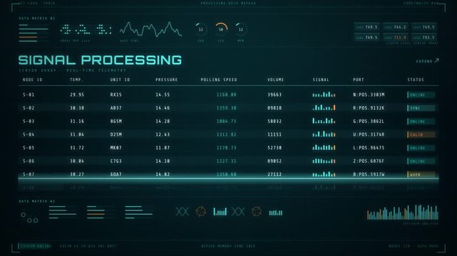 Signal processing telemetry interface with sensor array data rows highlighting in real time