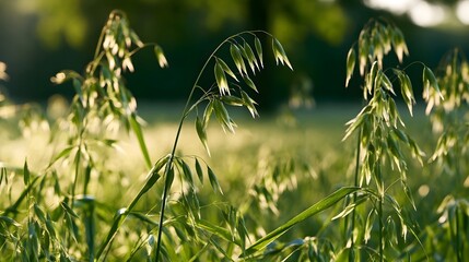 Naklejka premium Sunlight filters through green oat stalks in a field during early morning or late afternoon