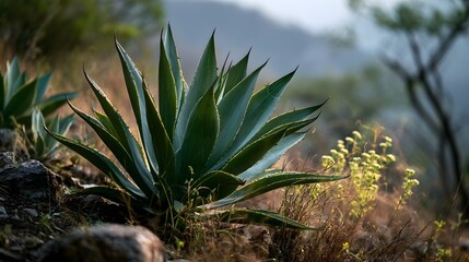 Fototapeta premium A robust agave plant stands prominently in a sunlit arid landscape surrounded by dry grasses and blurred mountainous background