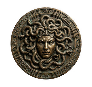 Bronze medusa head relief with snakes isolated on transparent background