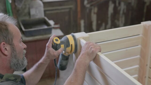 Carpenter using an orbital sander to smooth a wooden frame in a woodworking shop, showing hands-on craftsmanship and furniture finishing