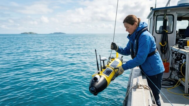 Female scientist deploying underwater drone in ocean on research vessel