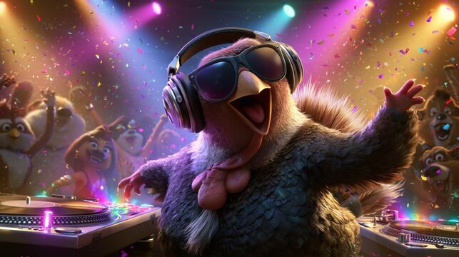 Funny Cartoon Turkey DJ Hosting a Colorful Thanksgiving Party with Animal Friends