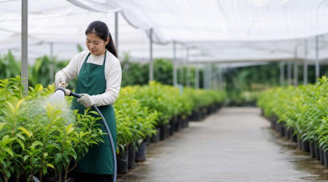 Woman Watering Seedlings in Commercial Plant Nursery