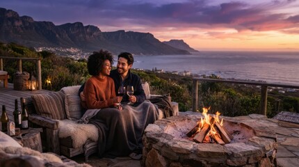 Fototapeta premium Couple enjoys wine by a fire pit overlooking the ocean at sunset