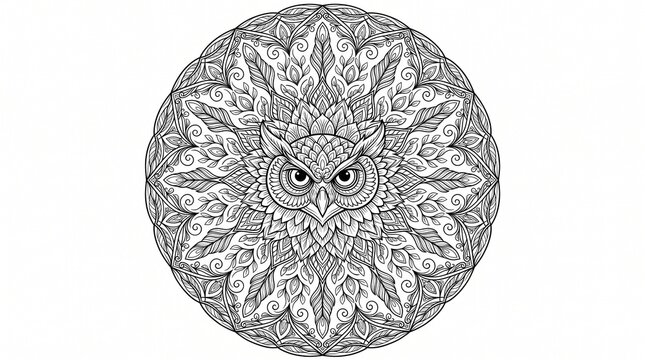 Detailed owl mandala art with floral and feather motifs forming a circular pattern, abstract