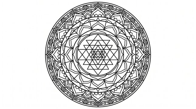 Intricate sri yantra mandala sacred geometry black and white illustration vector with geometry